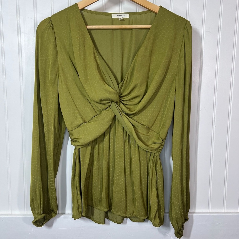 Pleione Blouse Green Fairy Babydoll Twee Y2K Long Sleeve V-Neck Fancy Twist L